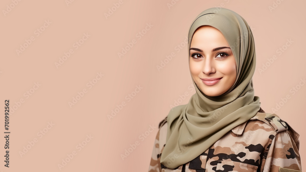 Hijab woman in army uniform smiling isolated on pastel background Hijab woman in army uniform smiling isolated on pastel background
