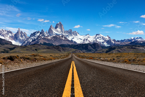 Road to El Chalten with beautiful Andes mountain panorama with Fitz Roy in the center  Patagonia Argentina