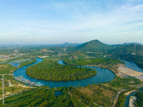 Aerial view morning sunrise mangrove tropical rain forest sea bay ecology system