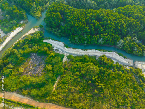 Aerial view morning sunrise mangrove tropical rain forest sea bay ecology system © themorningglory
