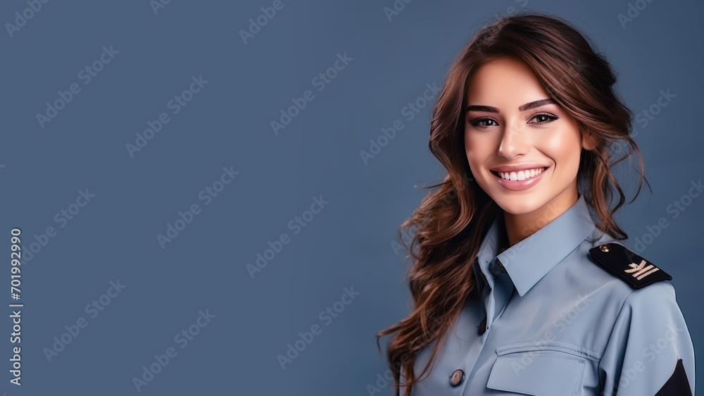 Brunette woman in air force uniform smile isolated on pastel background Brunette woman in air force uniform smile isolated on pastel background