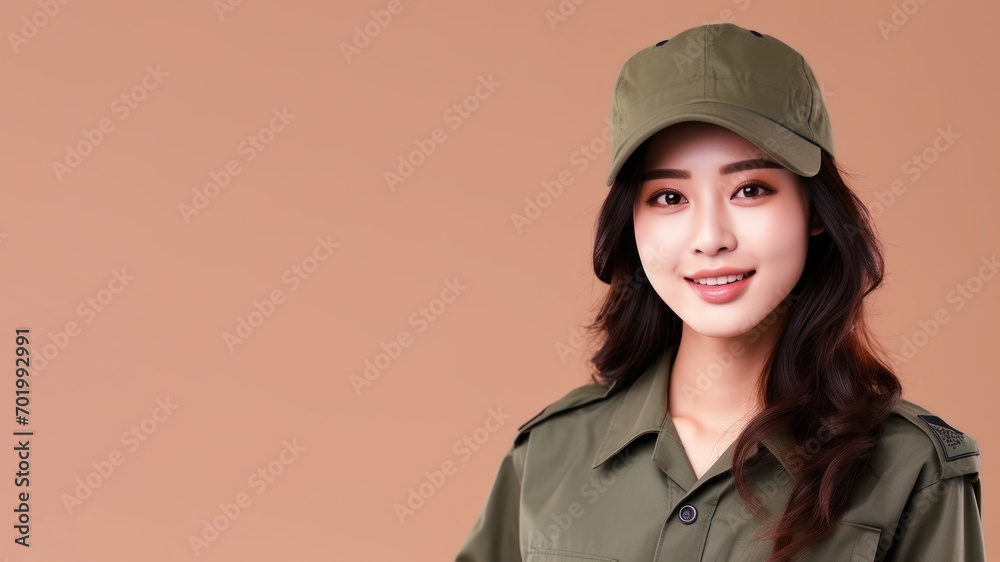 Asian woman in army uniform smiling isolated on pastel background Asian woman in army uniform smiling isolated on pastel background