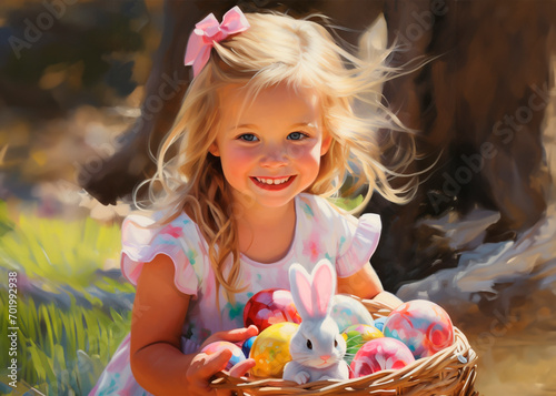 Blonde girl holding a basket of Easter eggs.
