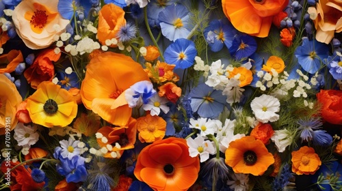 A variety of wildflowers, from delicate bluebells to fiery orange poppies, are artfully arranged to showcase the beauty and diversity of natures blooms.