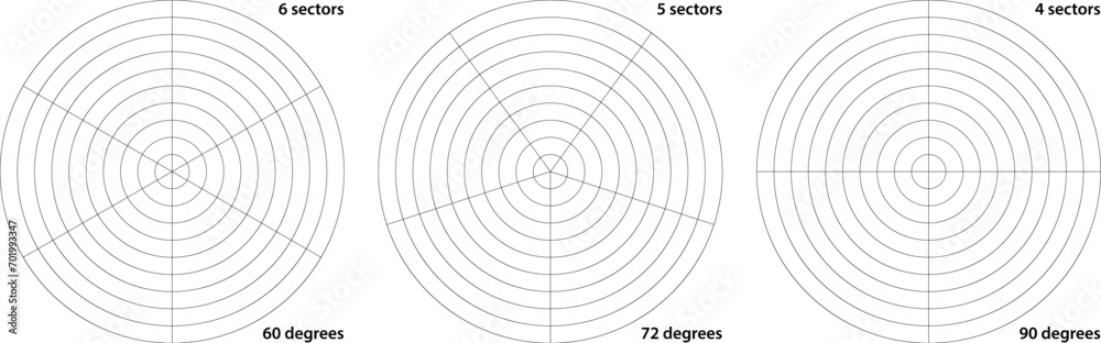 Polar grid divided into radial degree 4, 5 and 6 sectors and concentric circles. Circular guideline system for geometric design template. Coordinate chart screen - obrazy, fototapety, plakaty 