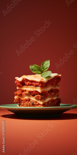 Photographie d'une part de lasagnes italiennes à la sauce bolognaise sur fond rouge