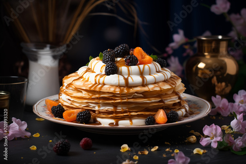 Gros plan d'une assiette avec une pile de crêpes surmontées de chantilly et de sauce caramel, joli décors dans la cuisine photo