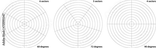 Polar grid divided into radial degree 4, 5 and 6 sectors and concentric circles. Circular guideline system for geometric design template. Coordinate chart screen