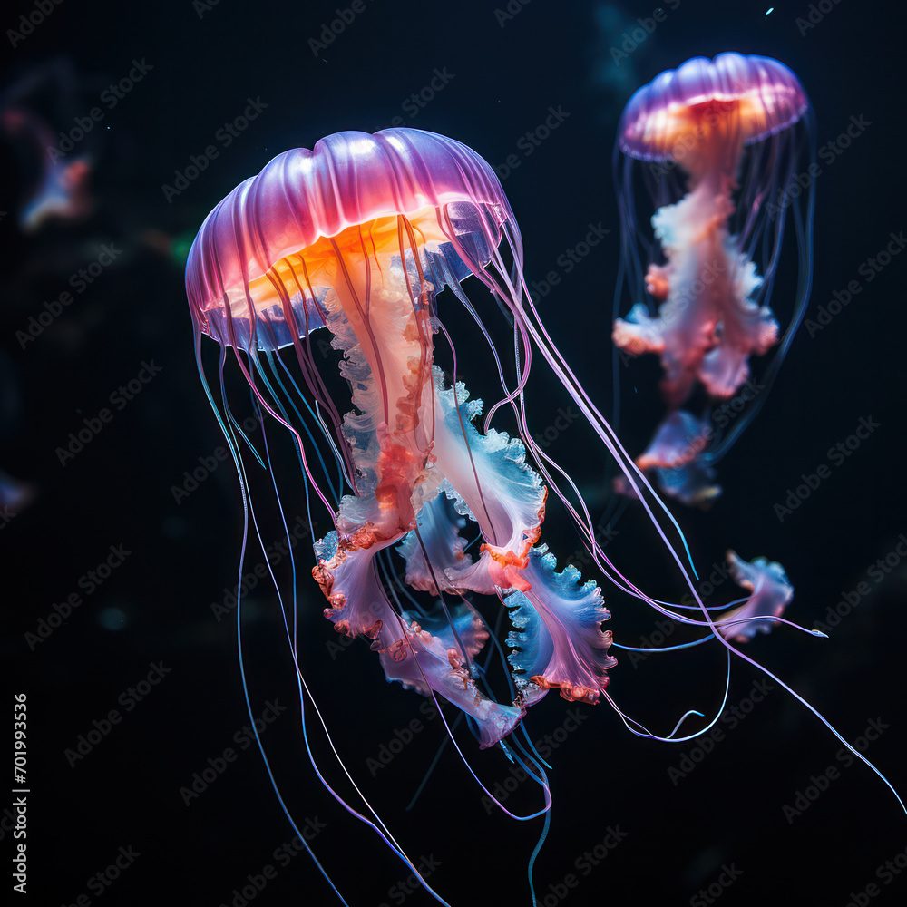 Fantasy Glowing Dance: An Illuminated Tail of Vivid Underwater Creature amidst Deep Ocean.