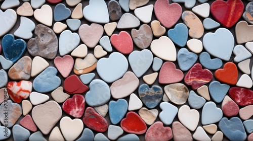A closeup of a heart mosaic reveals the delicate details of each individual tile, coming together to form a larger work of art. photo