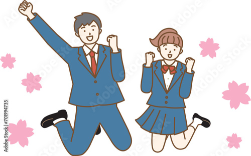 桜背景　男女の学生がガッツポーズしながらジャンプしているイラスト　