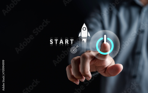 Business hand start Rocket launch. strategically planning and initiating a corporate startup. aim to achieve objectives through value development, fostering leadership.