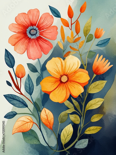 Beautiful romantic folk art watercolor flower collection with leaves, floral bouquets, flower compositions, valentines day