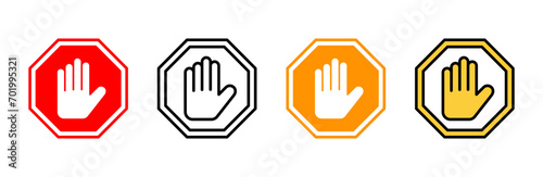 Stop icon set vector. stop road sign. hand stop sign and symbol. Do not enter stop red sign with hand