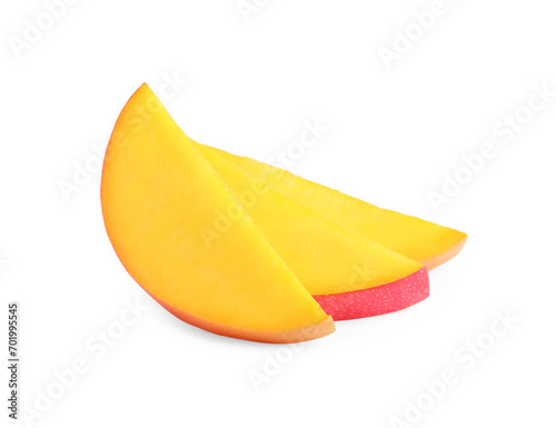 Juicy mango slices on white background. Tropical fruit