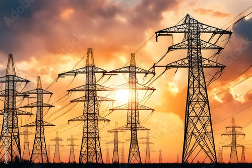 high-voltage power pylons against the backdrop of the sunset sky. energy infrastructure concept photo