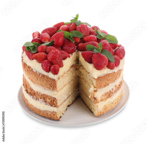 Tasty cake with fresh strawberries and mint isolated on white