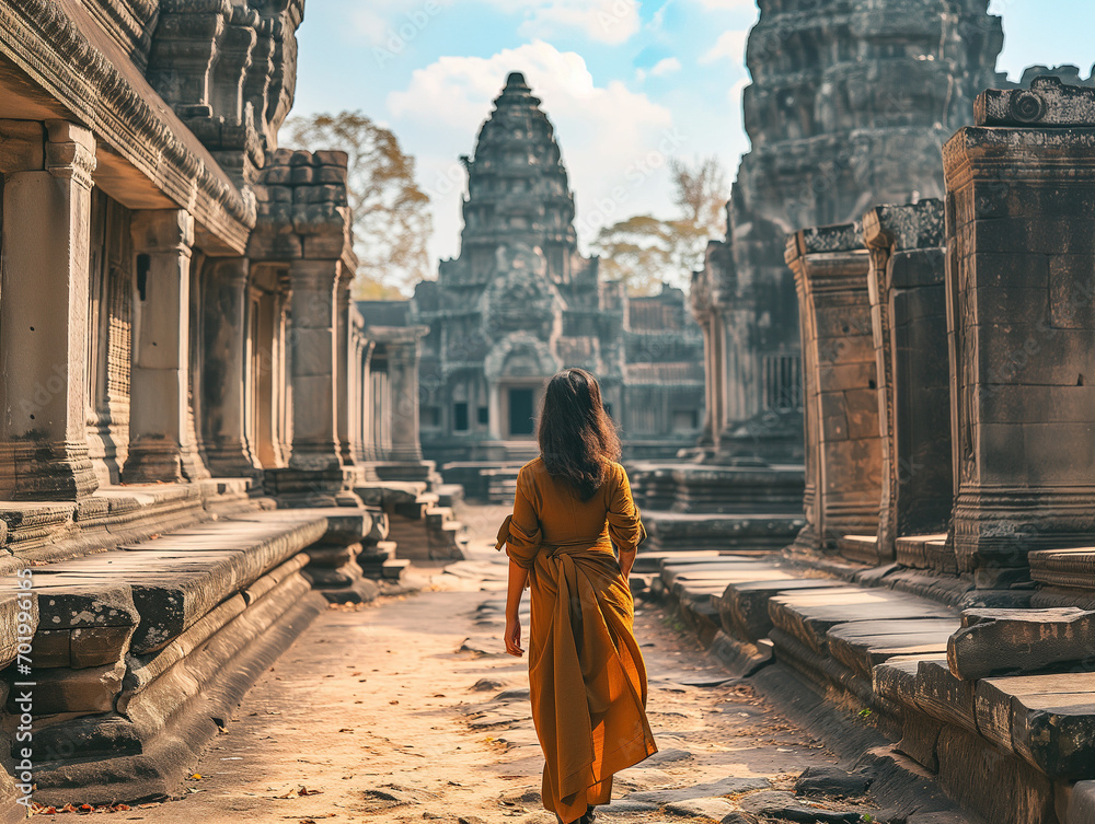 Fototapeta premium A Photo Of A Middle-Eastern Woman Exploring The Historic Temples Of Angkor Wat Cambodia