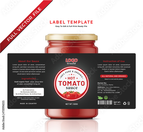 Tomato sauce label bottle jar food sticker packaging design sauce black label.
