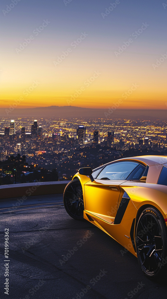 A vibrant yellow supercar parked at a viewpoint overlooking a sprawling cityscape at dusk A vibrant yellow supercar parked at a viewpoint overlooking a sprawling cityscape at dusk