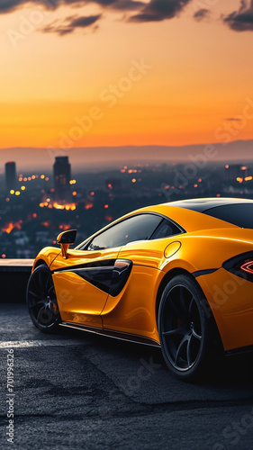 A vibrant yellow supercar parked at a viewpoint overlooking a sprawling cityscape at dusk