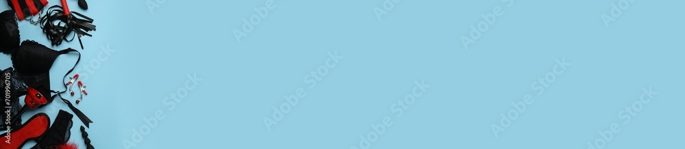 Sex toys, lingerie and accessories on light blue background, flat lay. Banner design with space for text - obrazy, fototapety, plakaty 