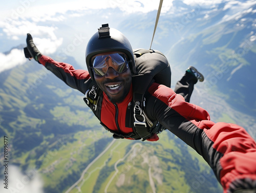 A Photo Of An African American Man Skydiving Over The Swiss Alps