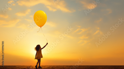 silhouette of girl holding a yellow balloon with a sunset in the background photo