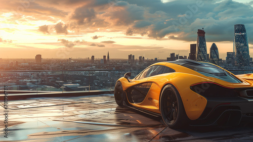 An amber supercar parked on a rooftop overlooking a sprawling city © Zeeshan Qazi