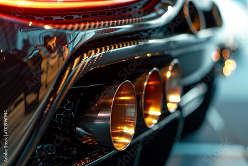 Close-up of a supercar's tailpipe, with a hint of fire as it accelerates © Zeeshan Qazi