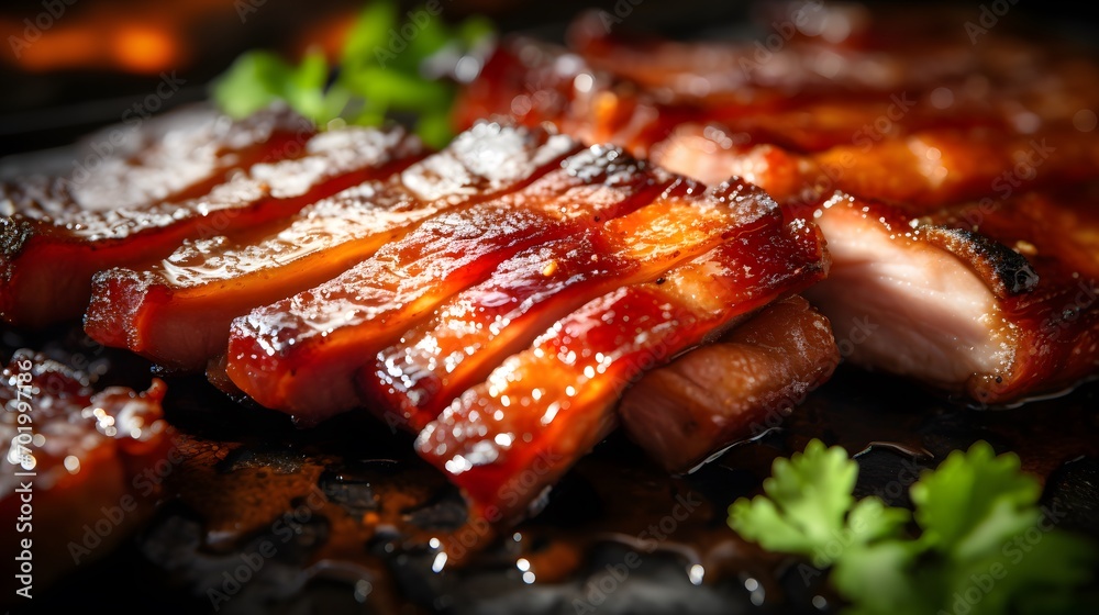 Close up of grilled pork belly meat - obrazy, fototapety, plakaty 