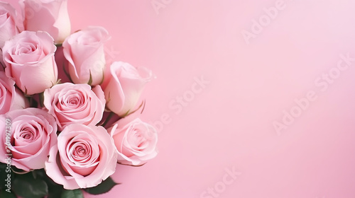 pink rose flowers bouquet on pink background flat lay