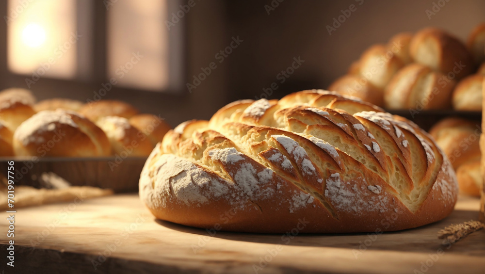 close-up of a bread from the first batch in a traditional bakery, in the image you can see how the first rays of sun enter through the window and give a warm image