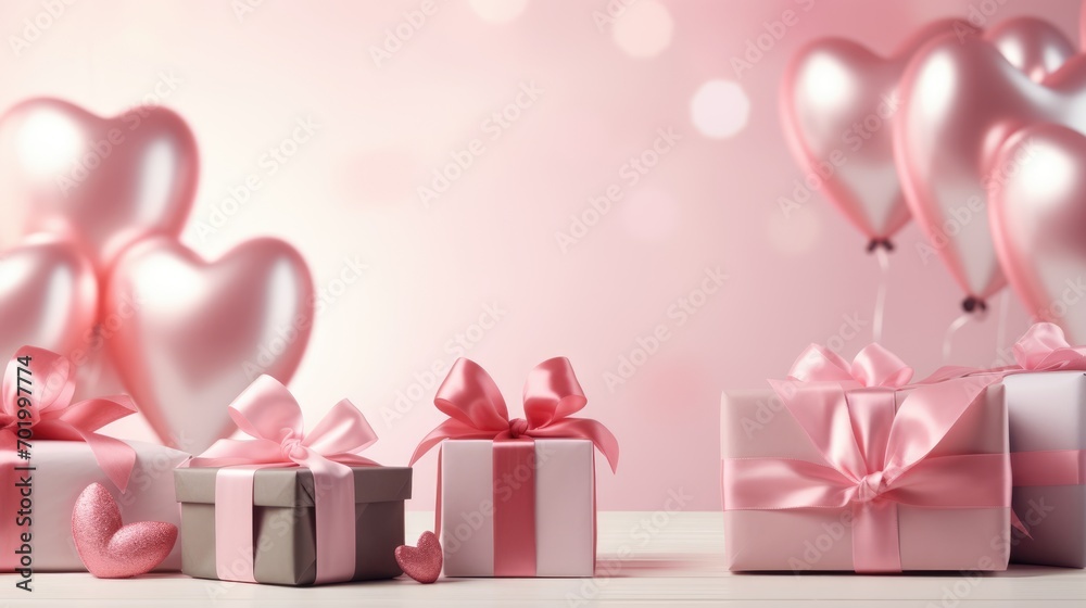 Pink air balloons heart shape with gift boxes on a white background. Concept wedding, valentines day, photo zone, lovers. Banner. Flat lay, top view Pink air balloons heart shape with gift boxes on a white background. Concept wedding, valentines day, photo zone, lovers. Banner. Flat lay, top view