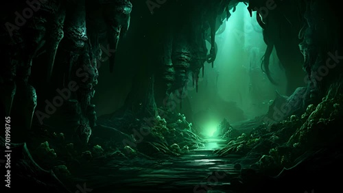 Descend into the depths of an otherworldly cave where stalactites pulsate with bioluminescent glow, and mythical creatures lurk in the shadows. photo