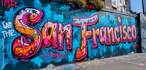 Welcome to San Francisco, California, USA. Colorful graffiti text sign San Francisco written on a cement highway wall. Urban trendy graffiti art with happy pink, blue for tourism vacation by Vita photo