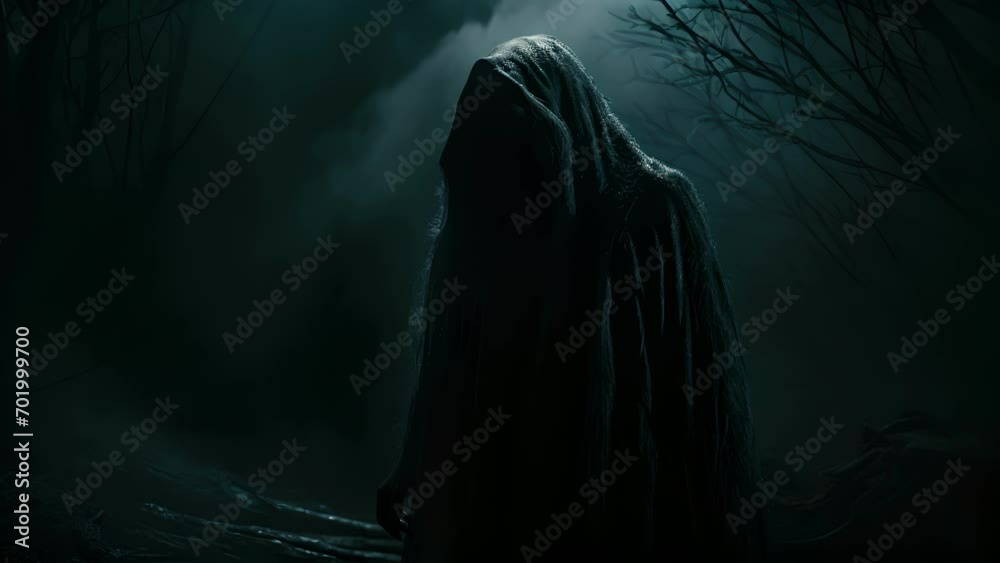 A faint glimmer of moonlight reveals an ominous figure shrouded in darkness.