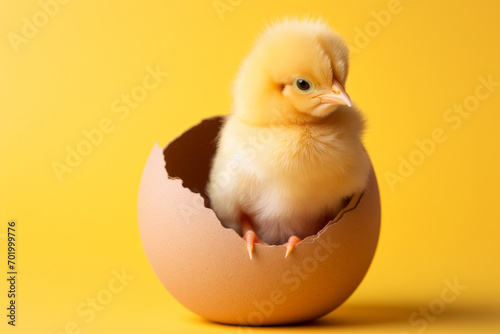 Cute Easter chicken. Background with selective focus and copy space