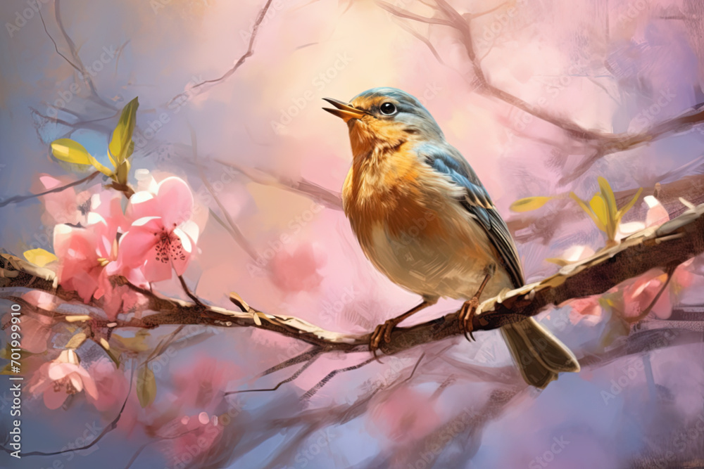 Singing robin bird on a blooming cherry tree