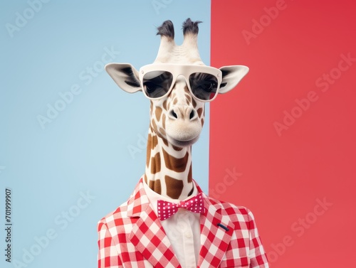 portrait photo of anthropomorphic fashion Giraffe dressed for Valentine s Day  isolated on red and blue colors background  with copy space