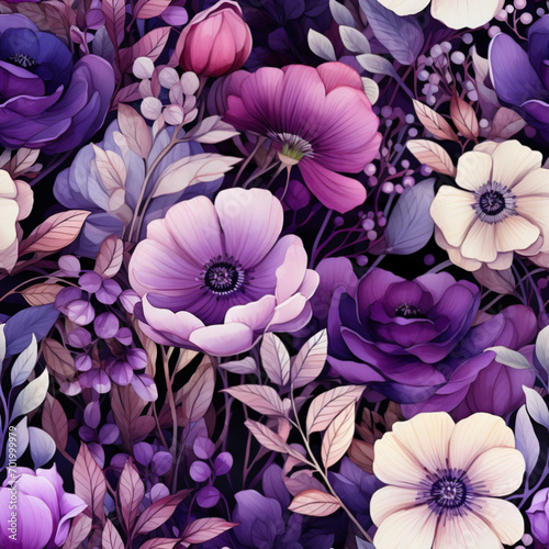 Seamless floral pattern with purple flowers
