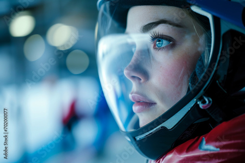 Capture the concentration of a luge athlete at the start line  ready for the descent. Emphasize the focused expression and poised stance. Utilize a high shutter speed to freeze the pre-race energy.