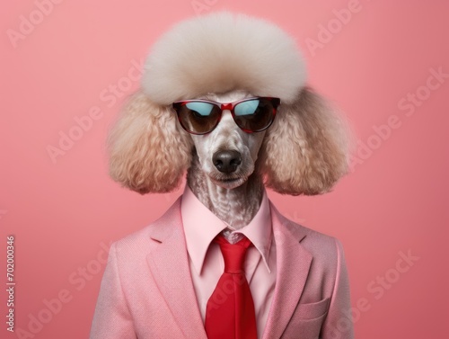 portrait photo of anthropomorphic fashion Poodle Dog dressed for Valentine's Day, isolated on pink color background, with copy space © keystoker