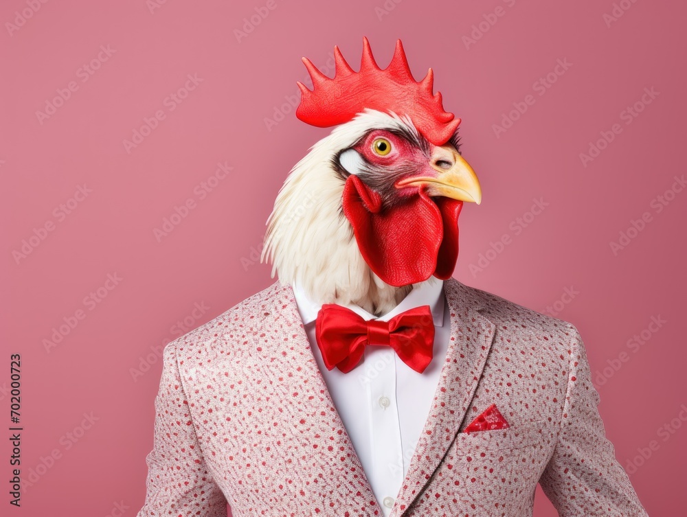 portrait photo of anthropomorphic fashion Rooster dressed for Valentine's Day, isolated on pink color background, with copy space