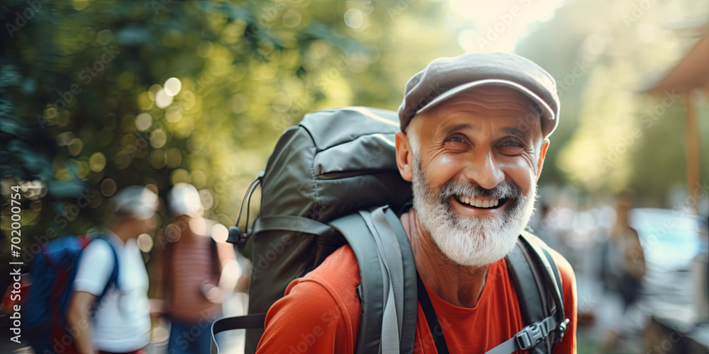 Smiling elderly man with backpack travels and discovers new places and cultures. Happy retirement, travel, vacation, trip, healthy active lifestyle - obrazy, fototapety, plakaty 