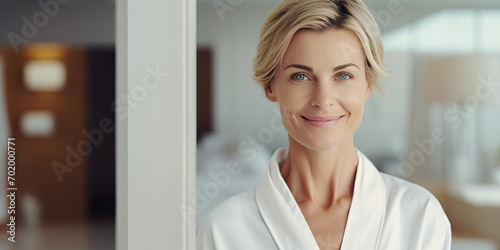 Headshot of happy smiling beautiful middle aged woman wearing bathrobe at spa salon hotel looking at camera. Wellness spa procedures advertising. Skincare concept