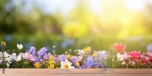 Spring floral natural background with a wooden board in the foreground and out of focus flowers in a field © britaseifert