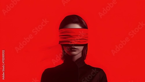 A person with a blindfold representing facing the unknown. Psychology art concept.
