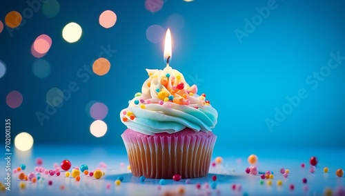 Birthday Cupcake with Candle and Blue Decorations. Made with Generative AI Technology