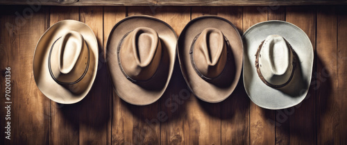Cowboy hats of varying colors and conditions hung on a vignette wooden wall. © Jairo